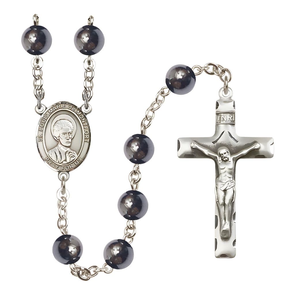 Bliss St. Louis Marie de Montfort 8mm Hematite Silver-plated Catholic Rosary with Pewter Centerpiece and Crucifix