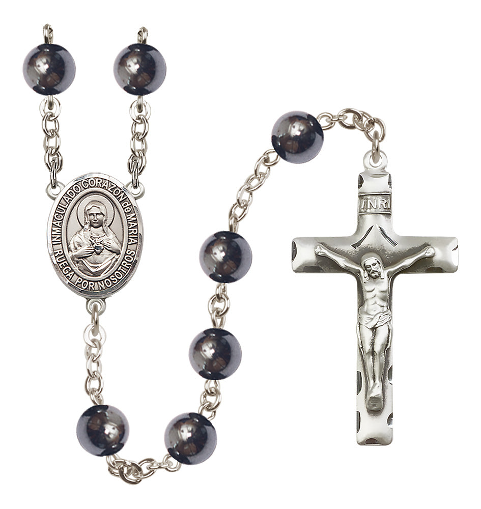 Bliss Silver Plated 8mm Hematite Corazon Inmaculado de Maria Rosary,