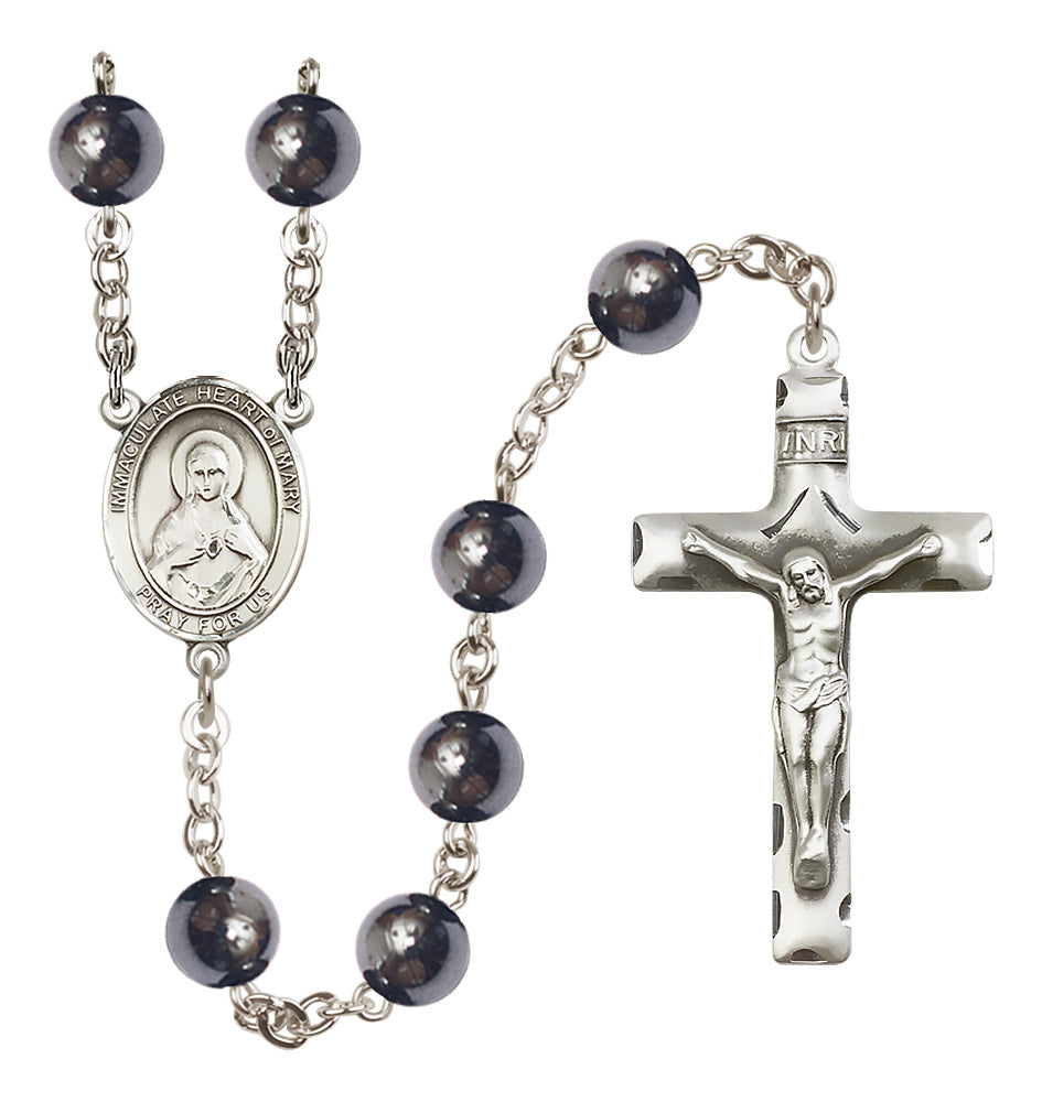 Bliss Silver Plated 8mm Hematite Immaculate Heart of Mary Rosary,