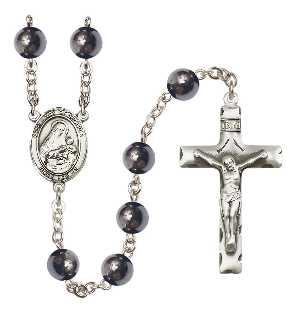 Bliss Silver Plated 8mm Hematite Our Lady of Grapes Rosary,