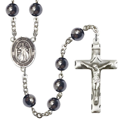 Spanish Jesus Divine Mercy 8mm Hematite Silver-plated Catholic Rosary with Pewter Centerpiece and Crucifix, Bliss Manufacturing