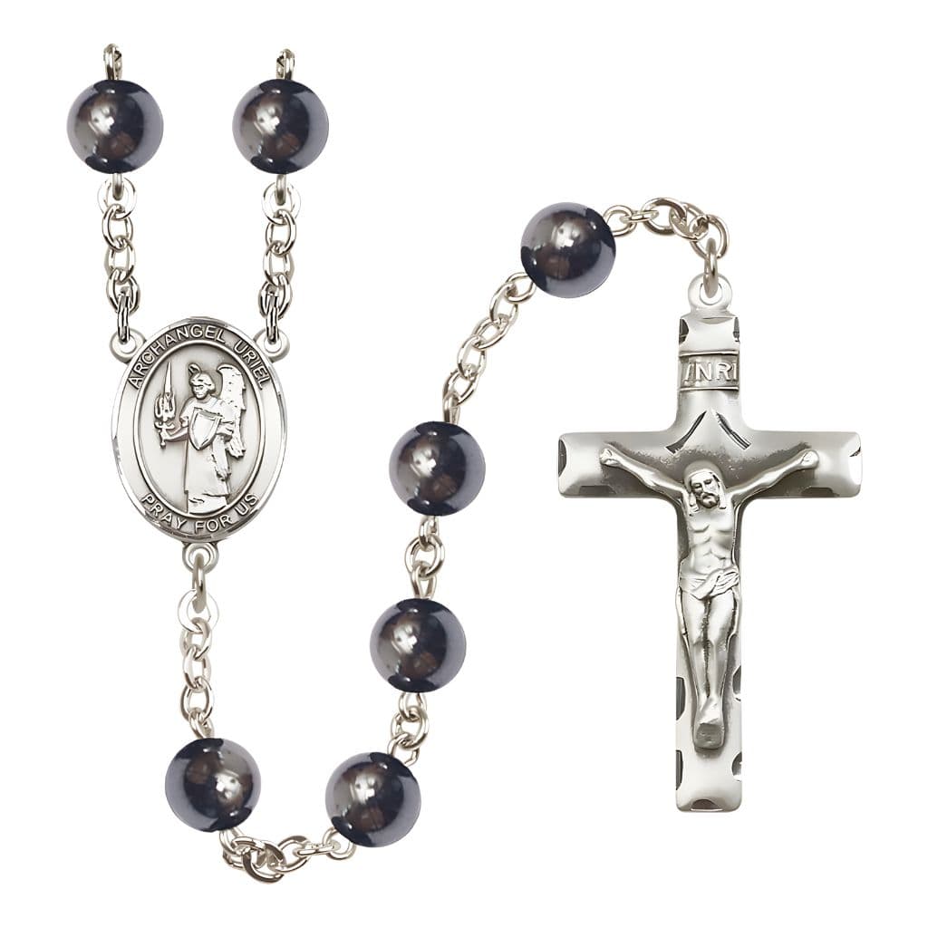 St. Uriel the Archangel 8mm Hematite Bead Silver-plated Rosary with pewter centerpiece and crucifix, handmade in the USA by Bliss Manufacturing,