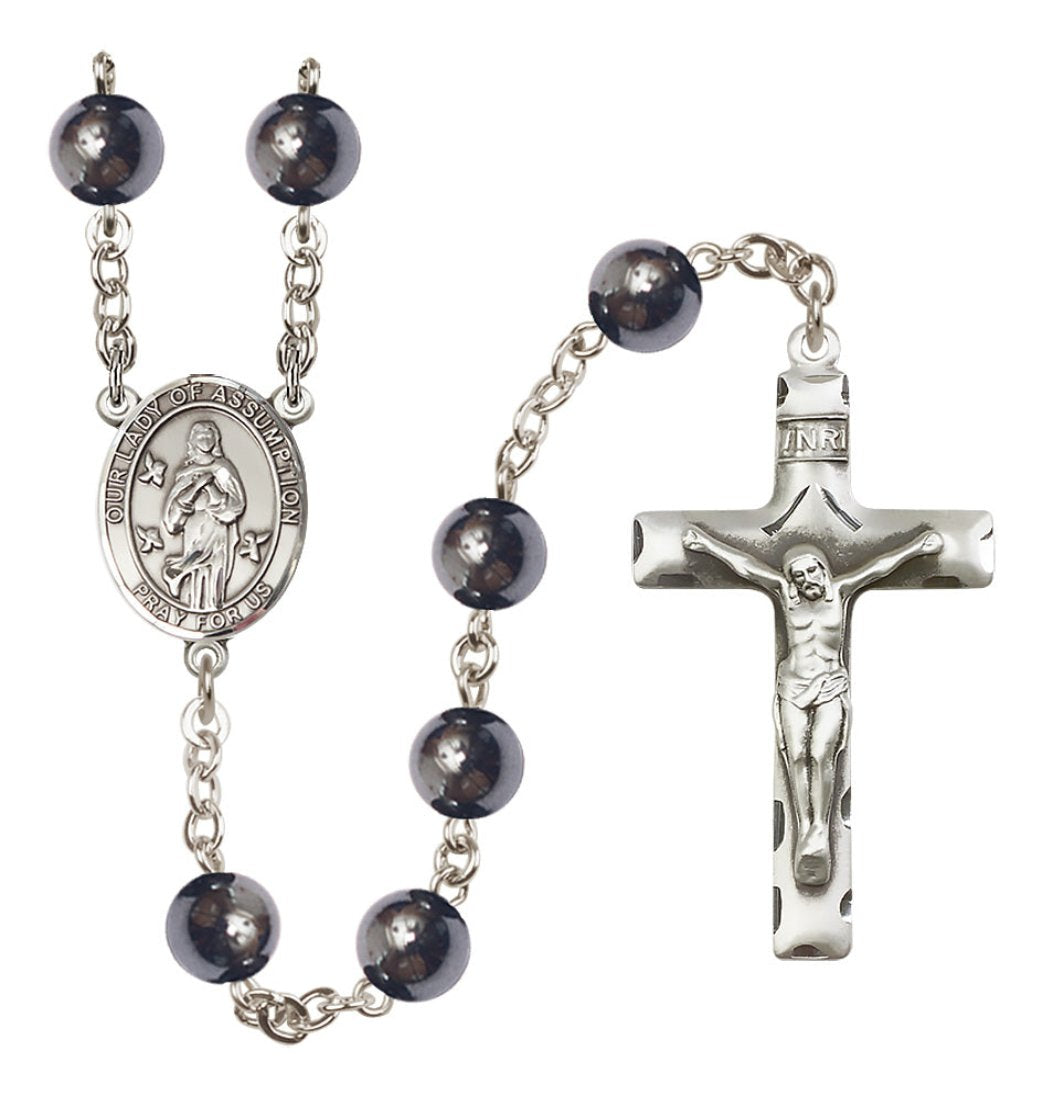 Bliss Our Lady of Assumption Silver-plated 8mm Hematite Bead Rosary,