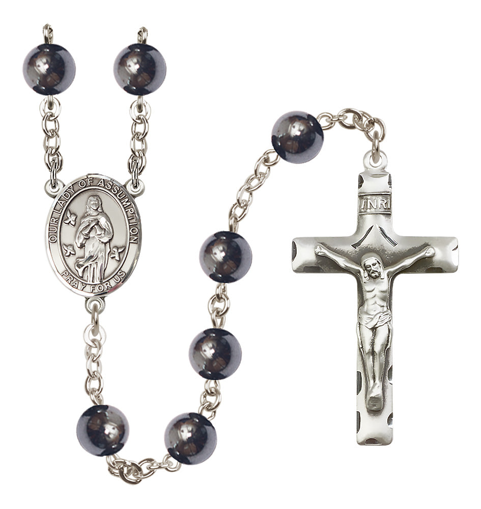 Bliss Silver Plated 8mm Hematite Our Lady of Assumption Rosary,