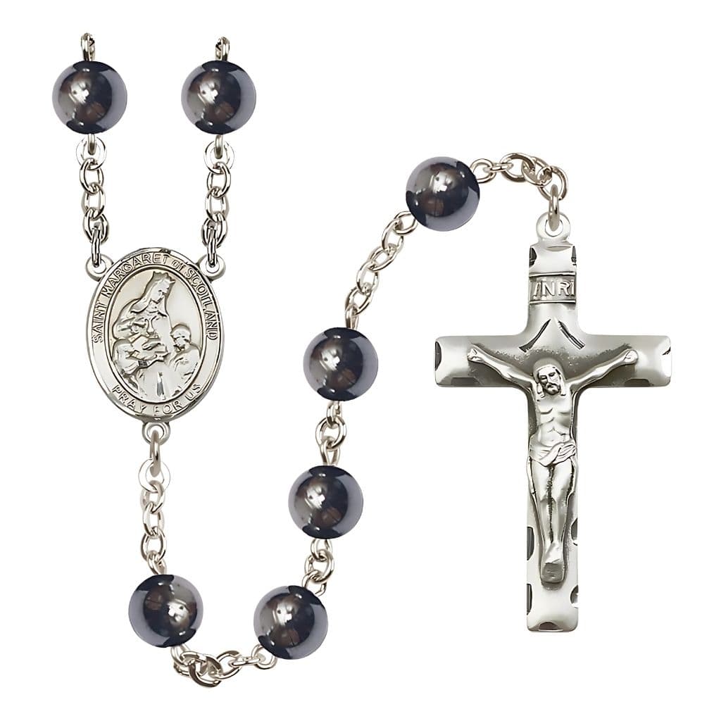 St. Margaret of Scotland 8mm Hematite Bead Rosary, Made in USA by Bliss Manufacturing,