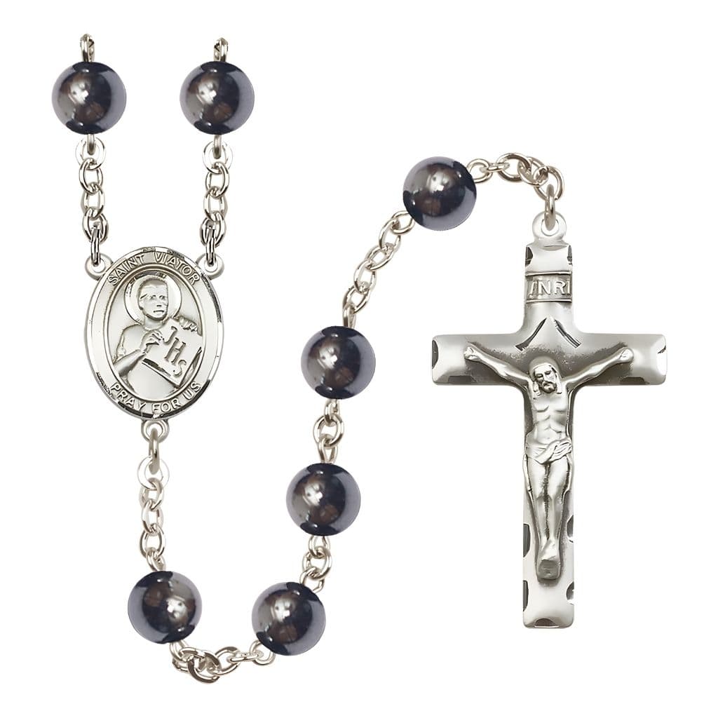 Bliss St. Viator of Bergamo 8mm Hematite Silver-plated Catholic Rosary with Pewter Centerpiece and Crucifix