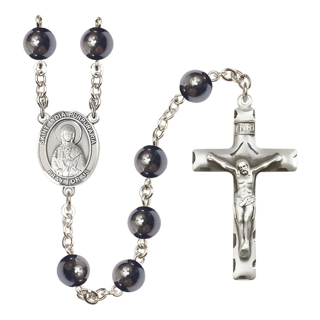 Bliss St. Lydia Purpuraria 8mm Hematite Silver-plated Catholic Rosary with Pewter Centerpiece and Crucifix