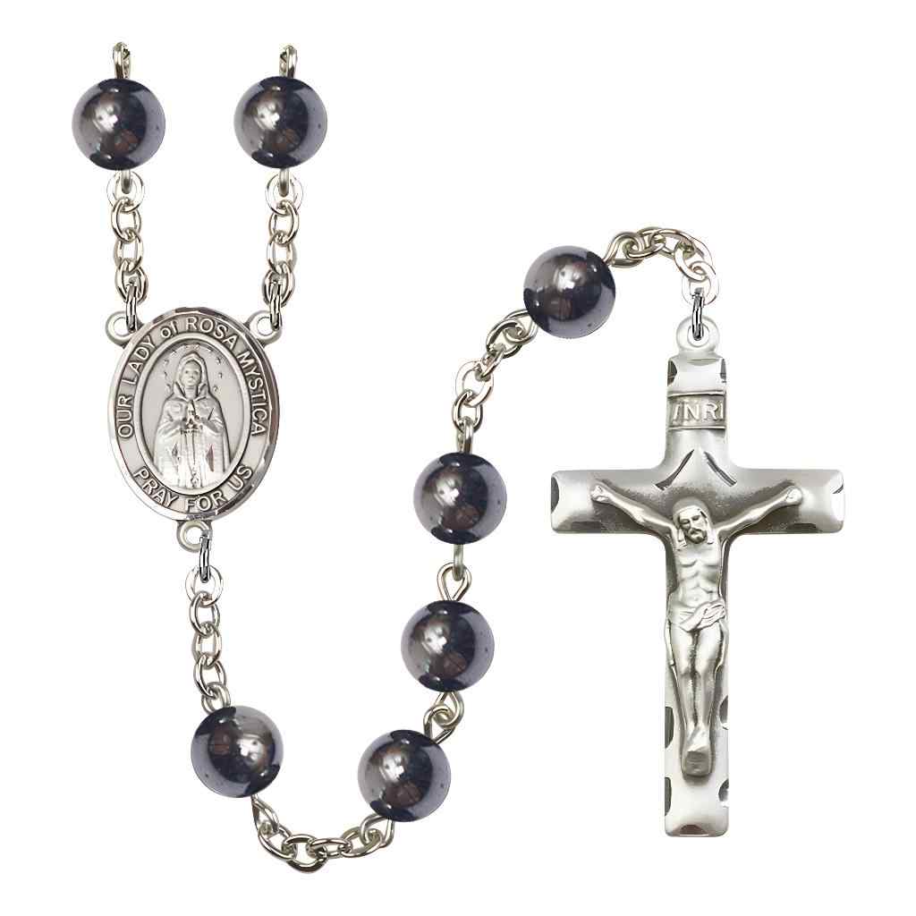 Silver Plated 8mm Hematite Our Lady of Rosa Mystica Rosary, Bliss Manufacturing