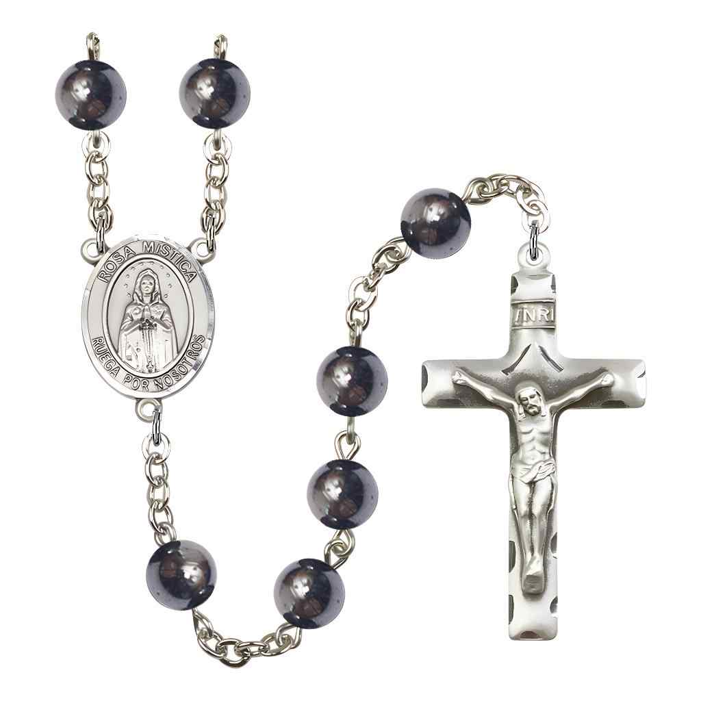Spanish Rosa Mystica 8mm Hematite Bead Silver-plated Rosary with Pewter Centerpiece and Crucifix, Gift Box.
