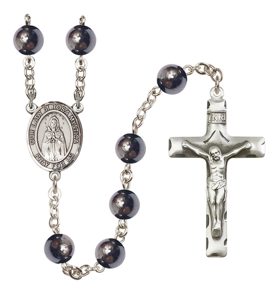 Bliss Silver Plated 8mm Hematite Our Lady of Rosa Mystica Rosary,