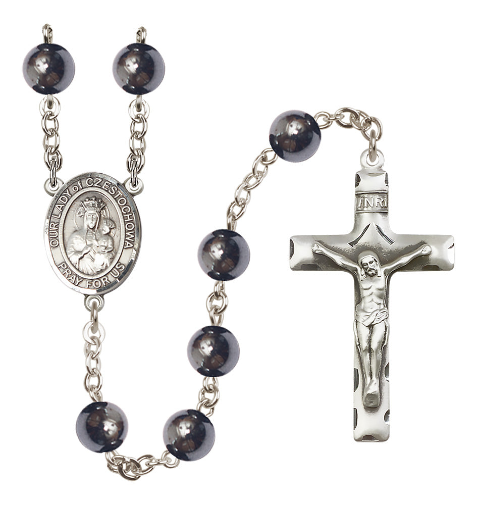 Bliss Silver Plated 8mm Hematite Our Lady of Czestochowa Rosary,