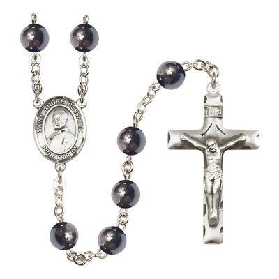 St. Andre Bessette 8mm Hematite Silver-plated Catholic Rosary with Pewter Centerpiece and Crucifix, Bliss Manufacturing