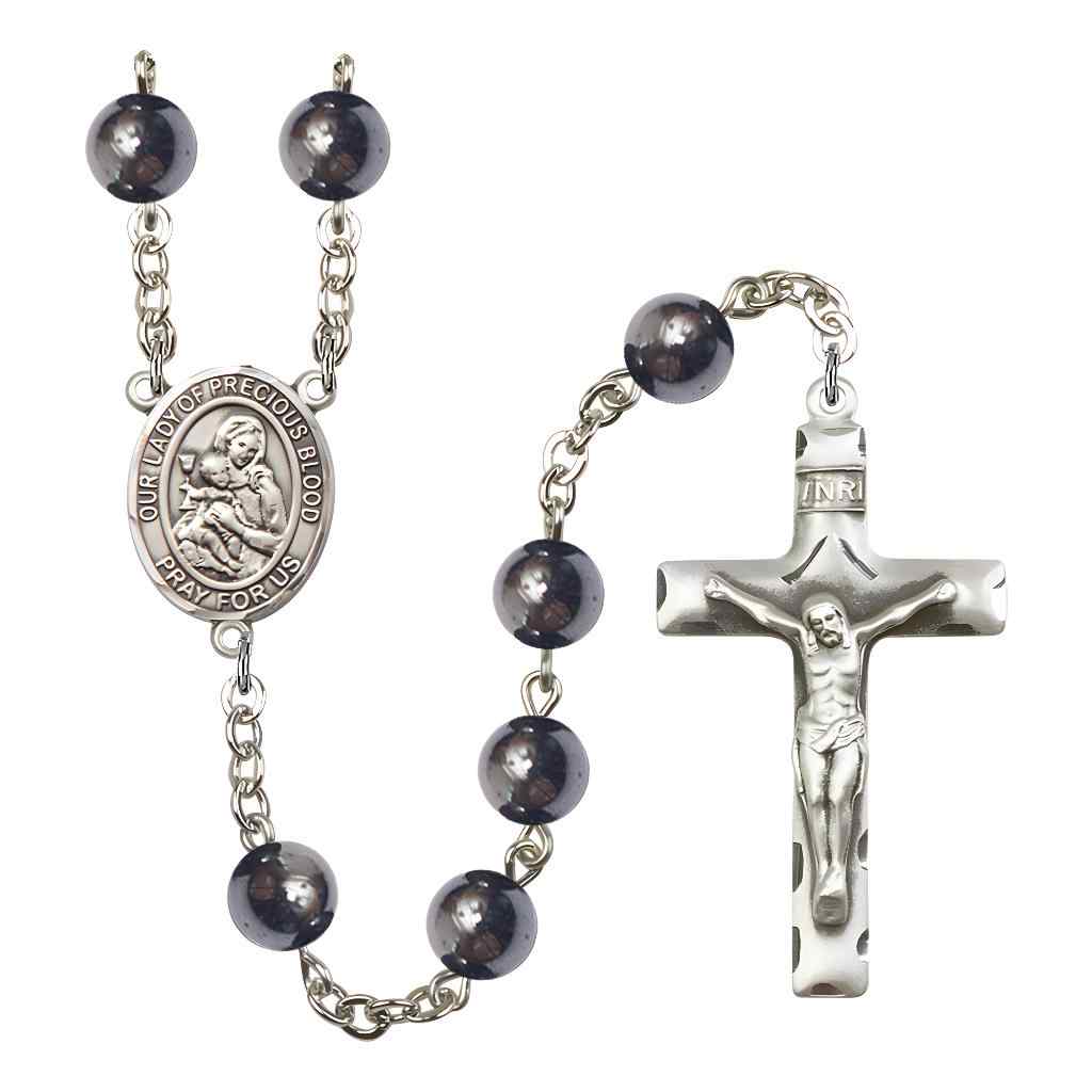 Our Lady of the Precious Blood 8mm Hematite Bead Silver-plated Rosary with Pewter Centerpiece and Crucifix, Gift Box.