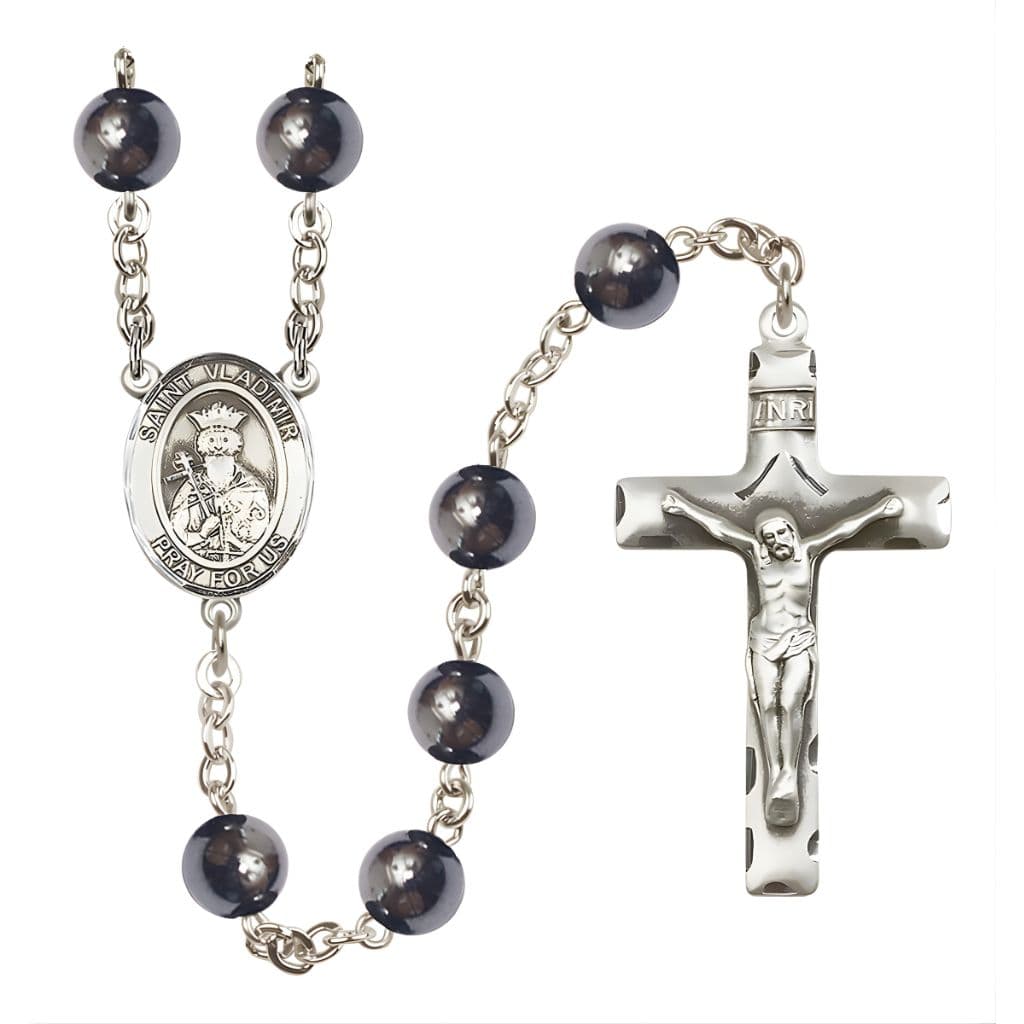 Bliss St. Vladimir 8mm Hematite Silver-plated Catholic Rosary with Pewter Centerpiece and Crucifix