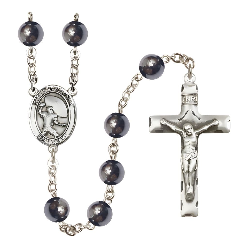 Bliss St. Christopher Football 8mm Hematite Silver-plated Catholic Rosary with Pewter Centerpiece and Crucifix