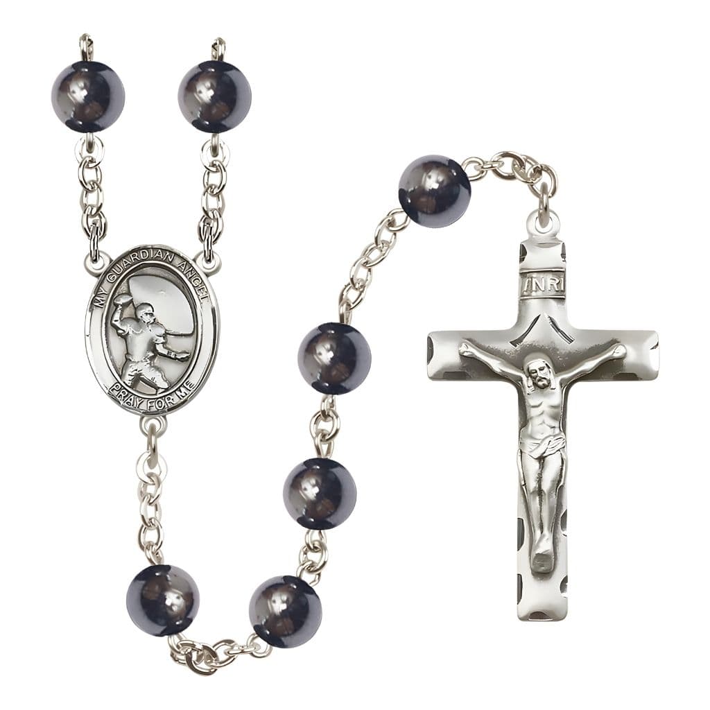 Bliss Guardian Angel Football 8mm Hematite Silver-plated Catholic Rosary with Pewter Centerpiece and Crucifix
