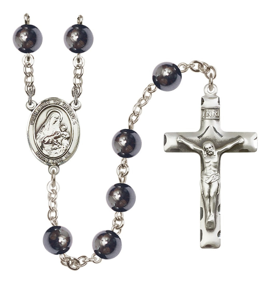 Bliss Silver Plated 8mm Hematite Our Lady of Grapes Rosary,