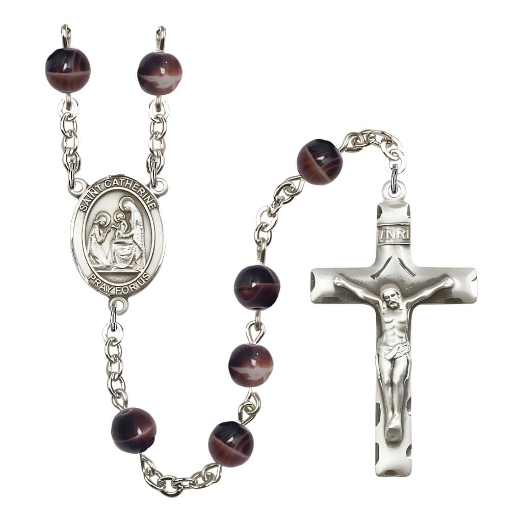 Bliss St. Catherine of Siena 7mm Brown Glass Bead Catholic Rosary with Pewter Centerpiece and Crucifix