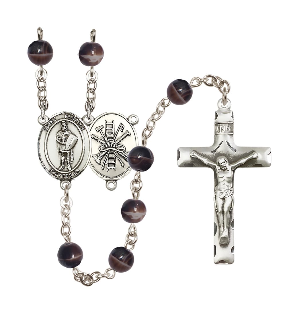 Bliss St Florian Firefighter 7mm Brown Bead Silver-Plated Rosary,R6004S-8034S14,