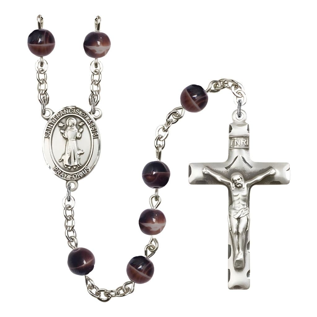 Bliss St. Francis of Assisi 7mm Brown Glass Silver-plated Rosary with Pewter Centerpiece and Crucifix,