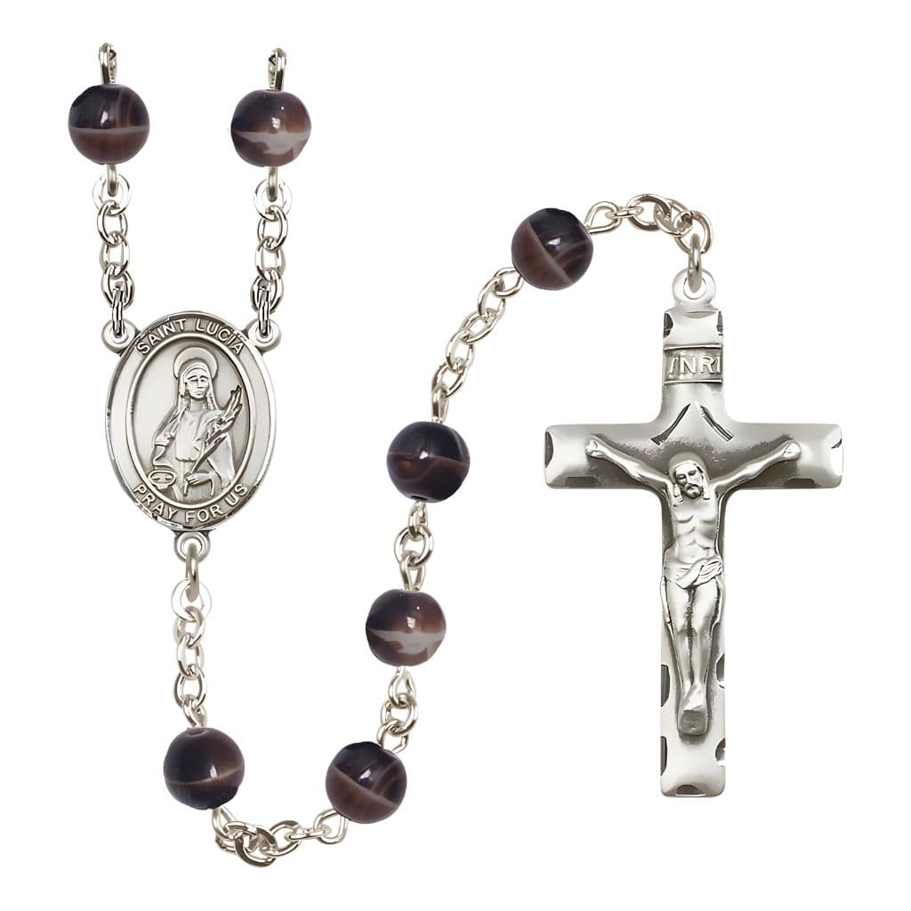 Bliss St. Lucia of Syracuse 7mm Brown Glass Bead Catholic Rosary with Pewter Centerpiece and Crucifix