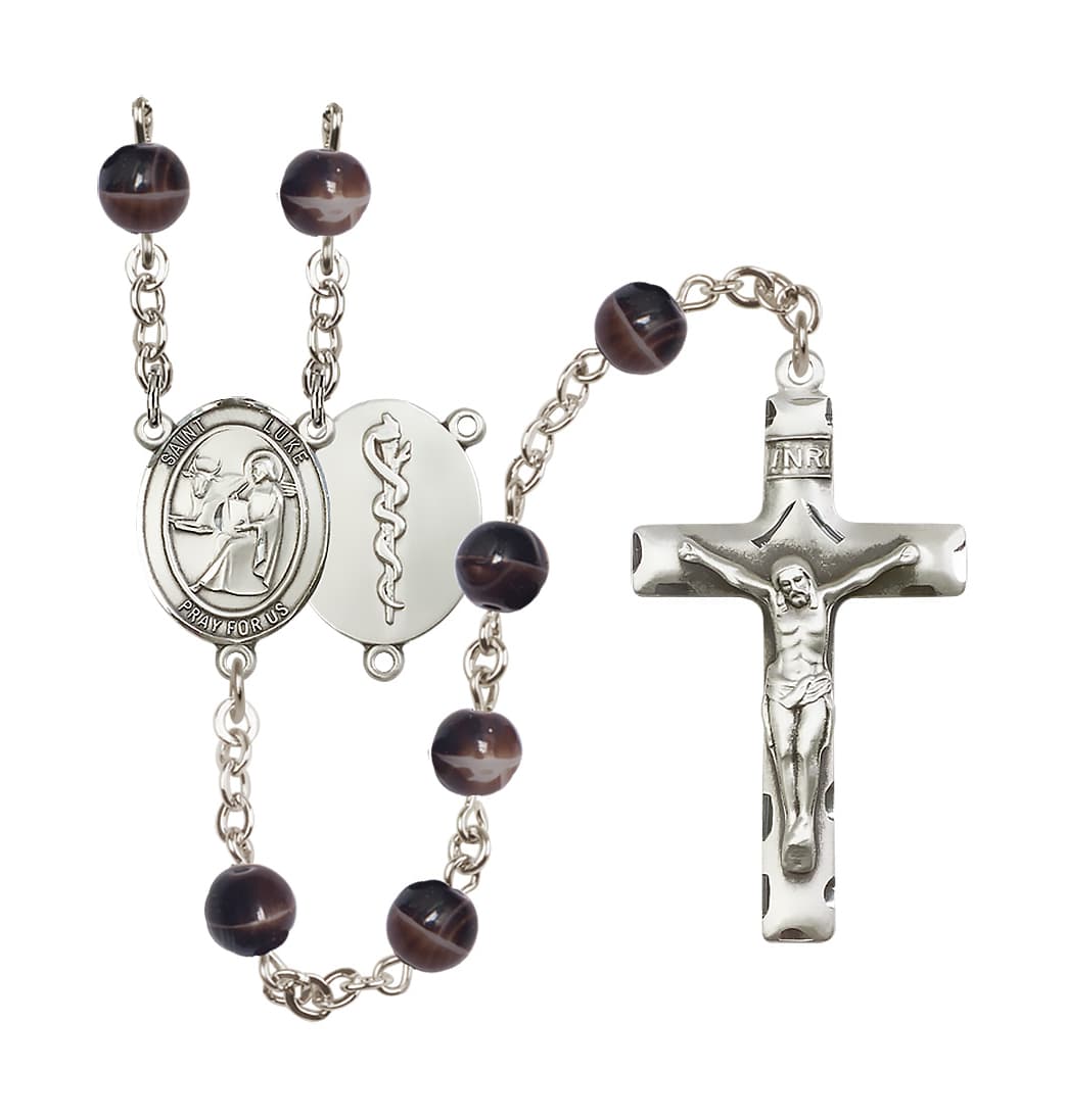 Bliss Doctor St Luke 7mm Brown Bead Silver-Plated Rosary,