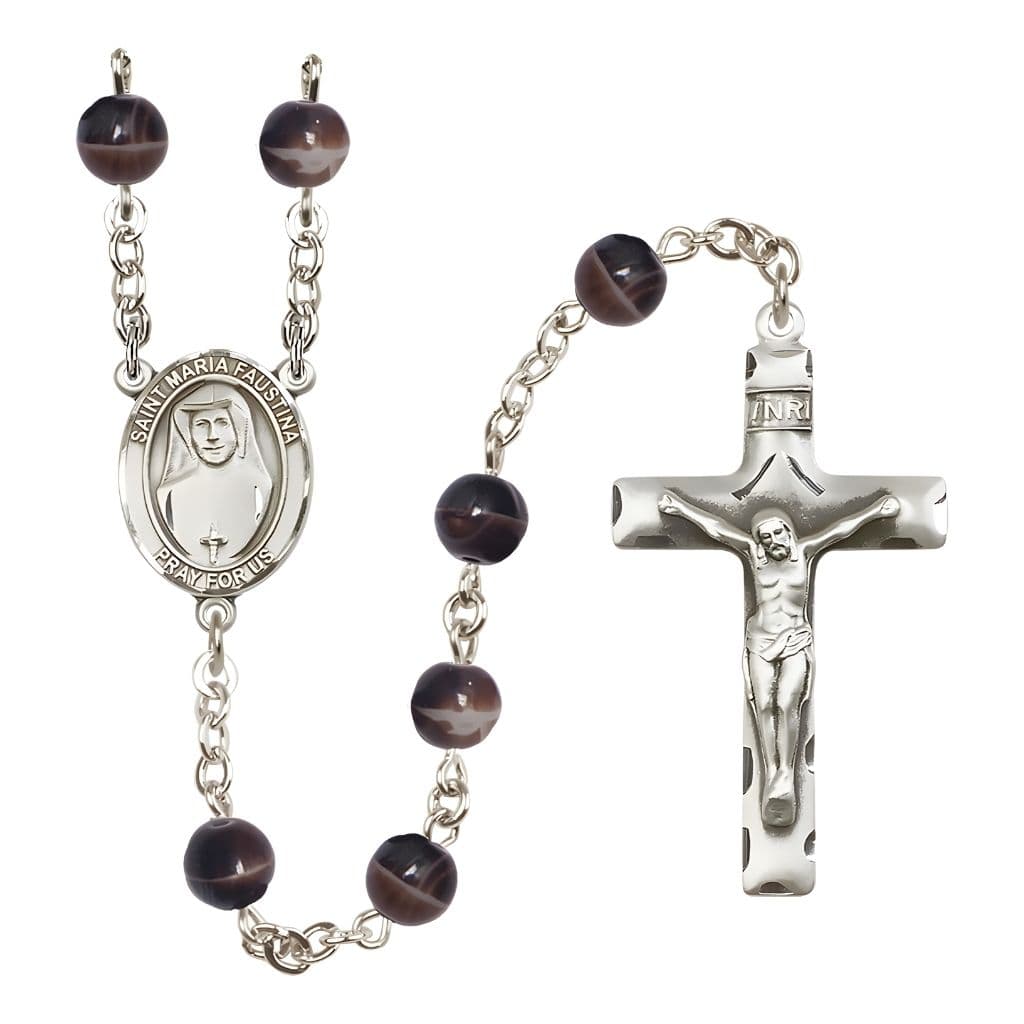 Bliss St. Maria Faustina 7mm Brown Glass Silver-plated Rosary with Pewter Centerpiece and Crucifix,