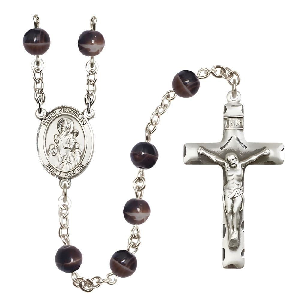 Bliss Catholic St. Nicholas 7mm Brown Glass Bead Silver-Plated Rosary with Pewter Centerpiece and Crucifix