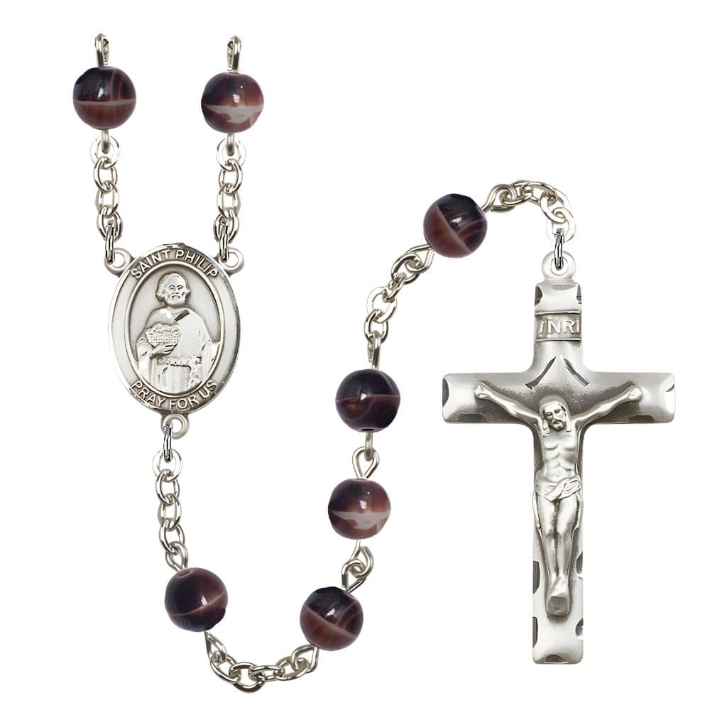 Bliss St. Philip the Apostle 7mm Brown Glass Bead Rosary with Pewter Centerpiece and Crucifix, Gift Box.