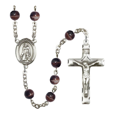 St. Peregrine Laziosi 7mm Brown Glass Bead Rosary with Pewter Centerpiece and Crucifix, Gift Box, Bliss Manufacturing