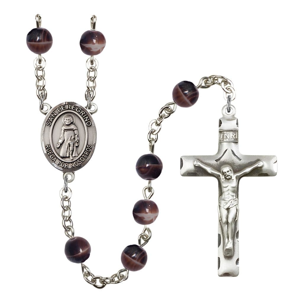 Bliss Spanish San Peregrino 7mm Brown Glass Bead Rosary with Pewter Centerpiece and Crucifix, Gift Box.