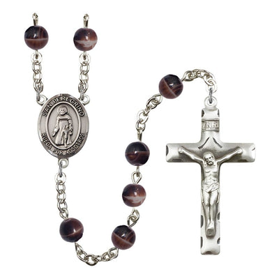 Spanish San Peregrino 7mm Brown Glass Bead Rosary with Pewter Centerpiece and Crucifix, Gift Box, Bliss Manufacturing
