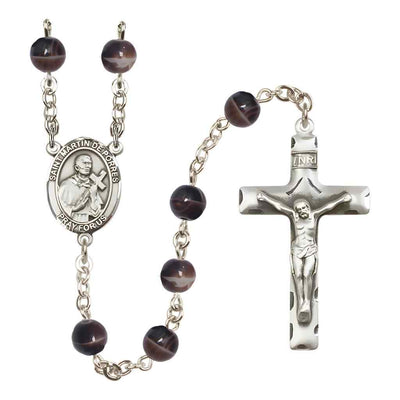 Saint Martin de Porres 7mm Brown Glass Bead Rosary with Pewter Centerpiece and Crucifix in Gift Box, Made in USA by Bliss Manufacturing