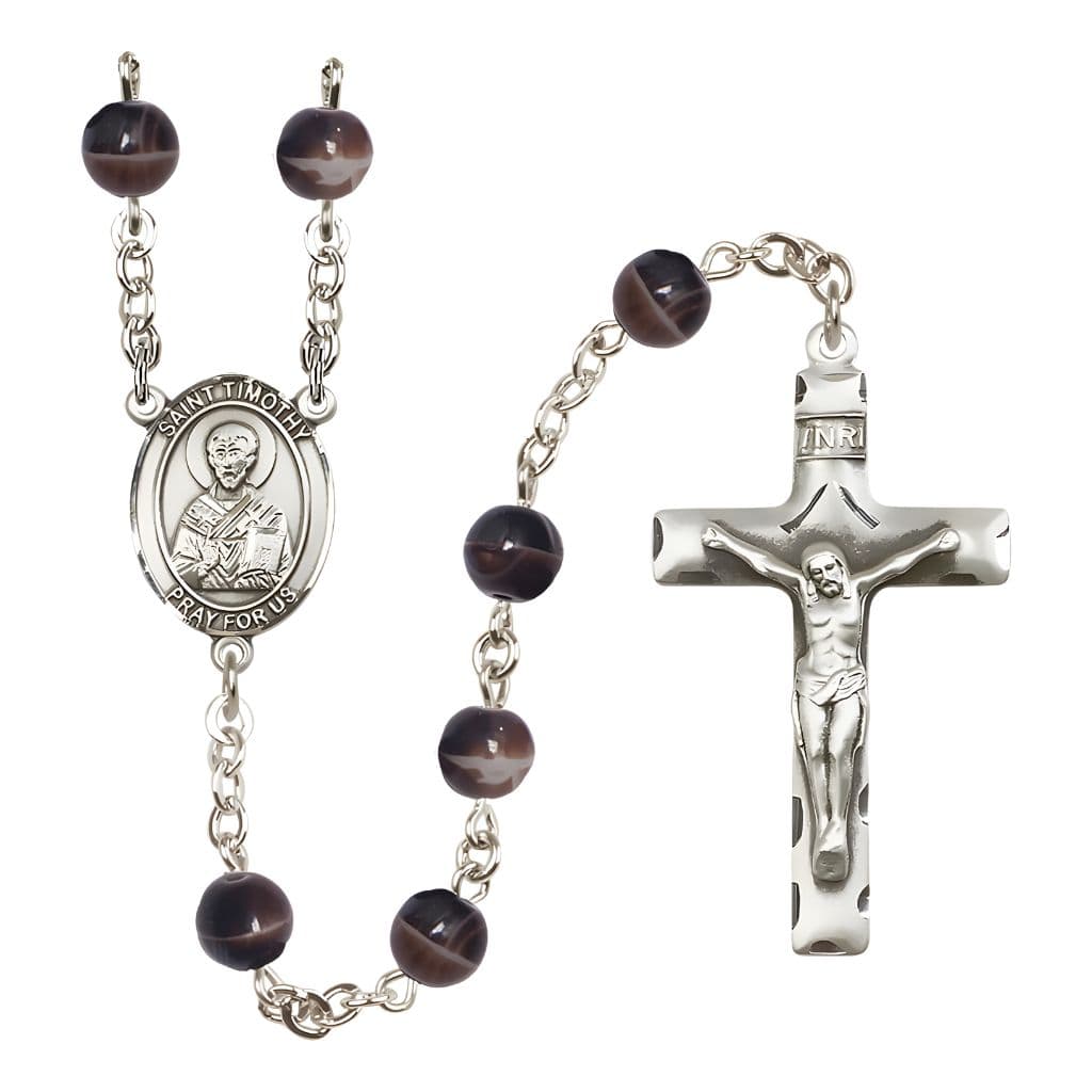 Bliss St. Timothy 7mm Brown Glass Bead Catholic Rosary with Pewter Centerpiece and Crucifix