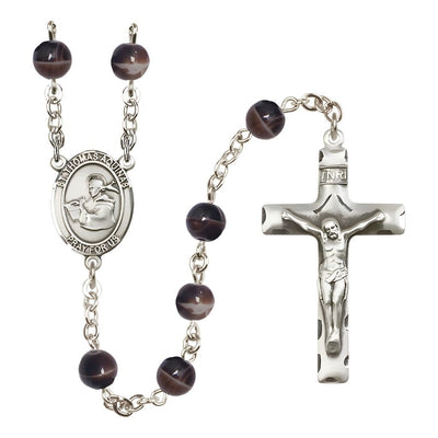 St. Thomas Aquinas 7mm Brown Glass Bead Catholic Rosary with Pewter Centerpiece and Crucifix, Bliss Manufacturing