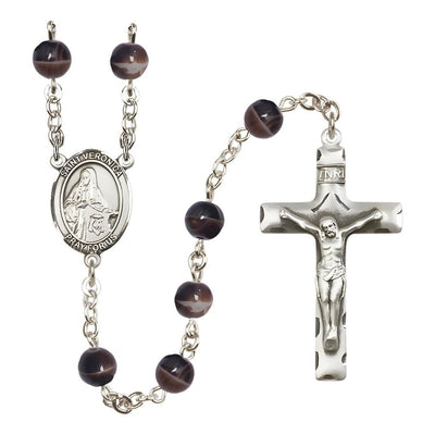 St. Veronica 7mm Brown Glass Bead Catholic Rosary with Pewter Centerpiece and Crucifix, Bliss Manufacturing