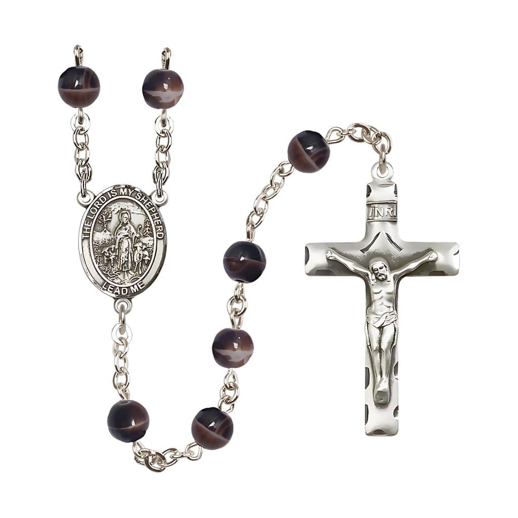 Bliss Lord Is My Shepherd 7mm Brown Glass Bead Catholic Rosary with Pewter Centerpiece and Crucifix