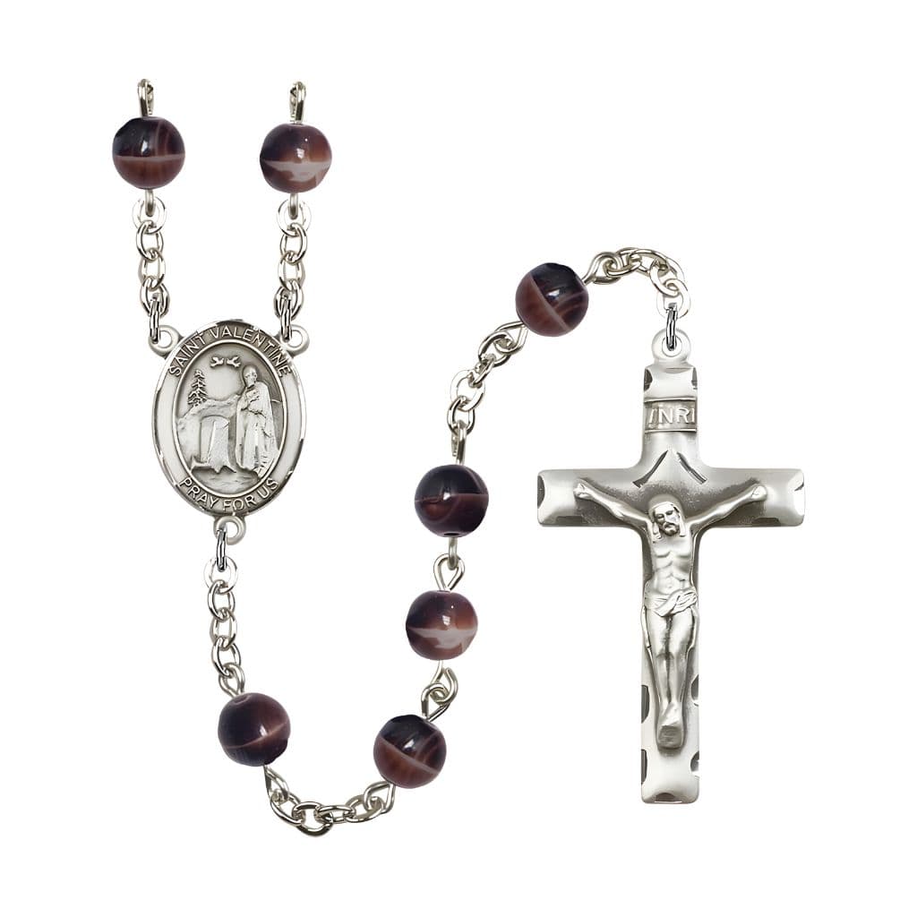 Bliss St. Valentine of Rome 7mm Brown Glass Bead Silver-plated Rosary with Pewter Centerpiece and Crucifix