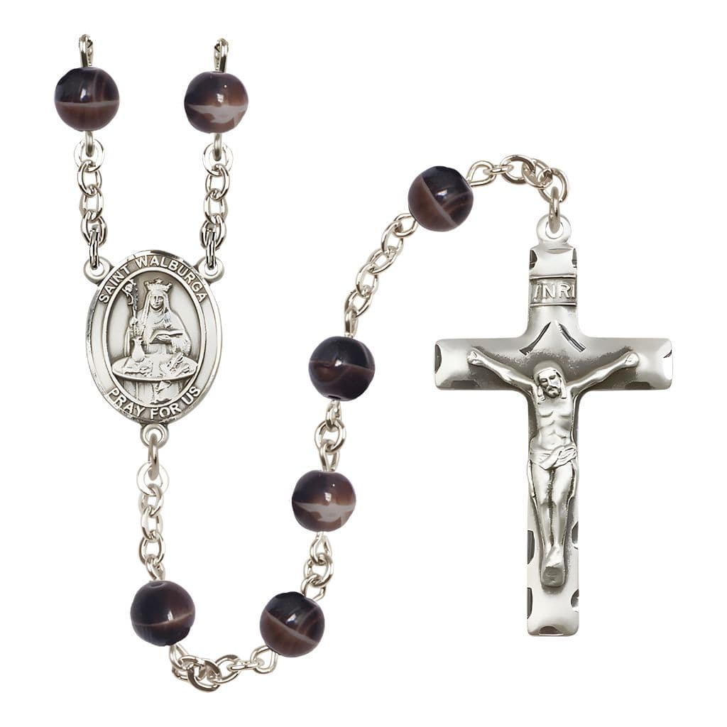 Bliss St. Walburga 7mm Brown Glass Bead Silver-Plated Rosary with Pewter Centerpiece and Crucifix