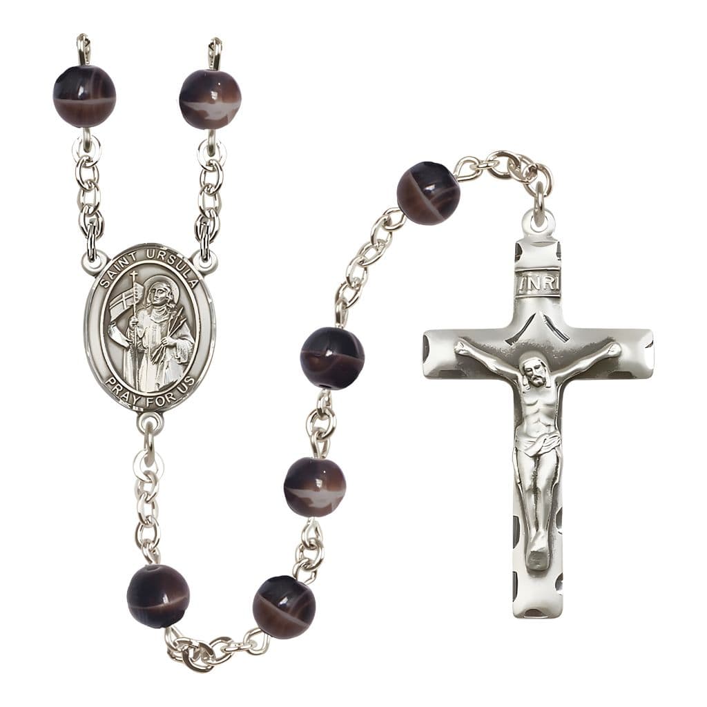 St. Ursula 7mm Brown Bead Catholic Rosary with Pewter Centerpiece and Crucifix, Made in USA by Bliss