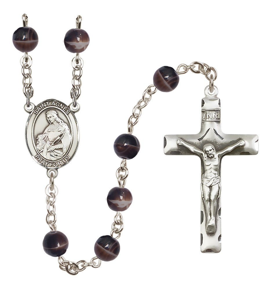 Bliss Manufacturing St Agnes of Rome 7mm Brown Bead Silver-Plated Rosary,