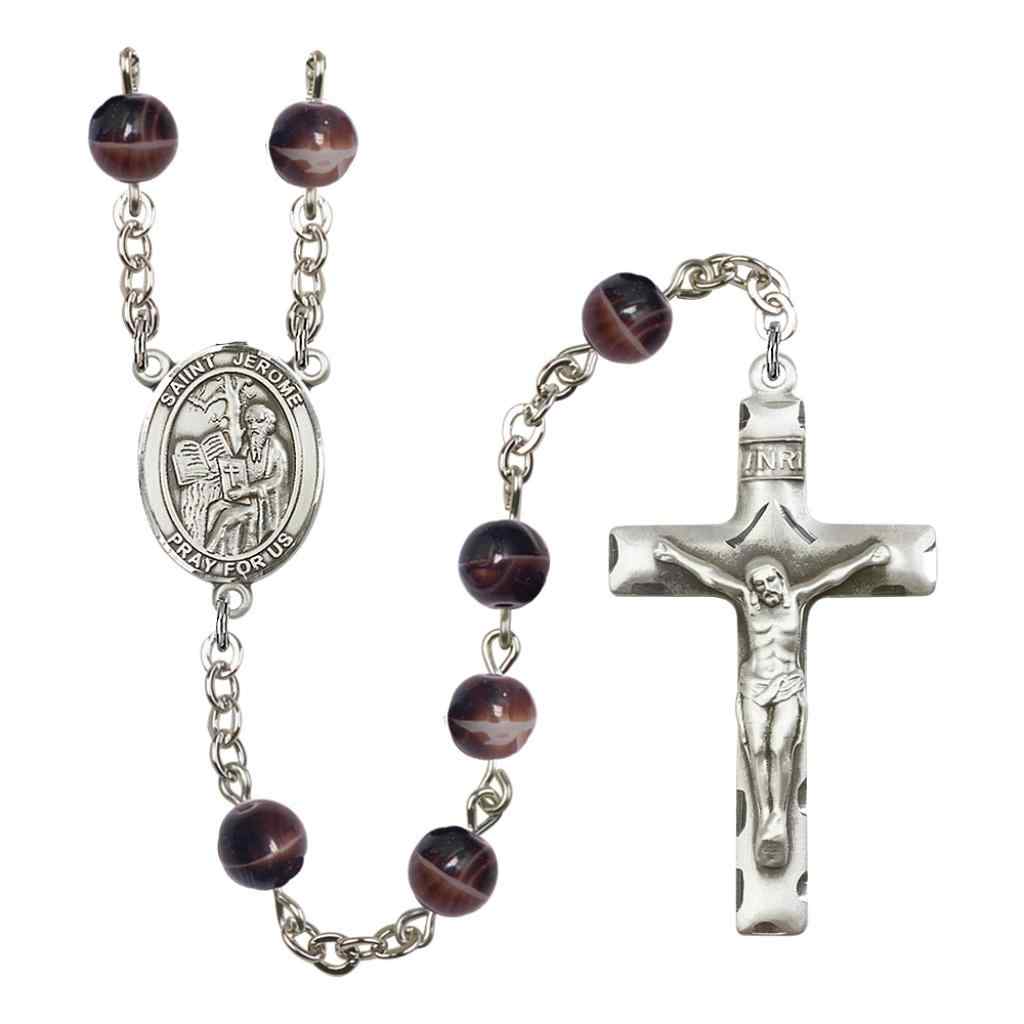 Saint Jerome 7mm Brown Glass Bead Rosary with Pewter Centerpiece and Crucifix in Gift Box, Made in USA by Bliss Manufacturing