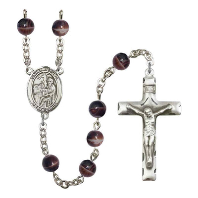 Saint Jerome 7mm Brown Glass Bead Rosary with Pewter Centerpiece and Crucifix in Gift Box, Made in USA by Bliss Manufacturing