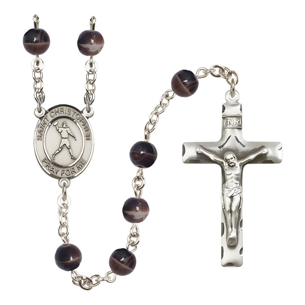 Bliss Football St. Christopher 7mm Brown Glass Bead Catholic Rosary with Pewter Centerpiece and Crucifix