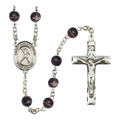Football St. Christopher 7mm Brown Glass Bead Catholic Rosary with Pewter Centerpiece and Crucifix, Bliss Manufacturing