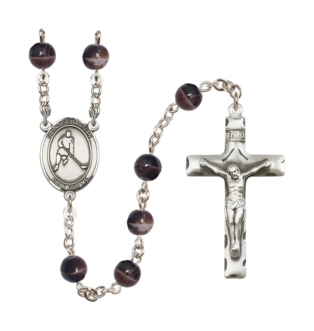 Bliss St Sebastian Ice Hockey 7mm Brown Bead Rosary,