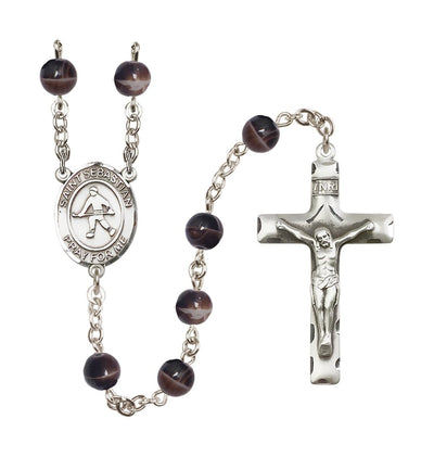 St Sebastian Field Hockey 7mm Brown Bead Rosary, Bliss Manufacturing