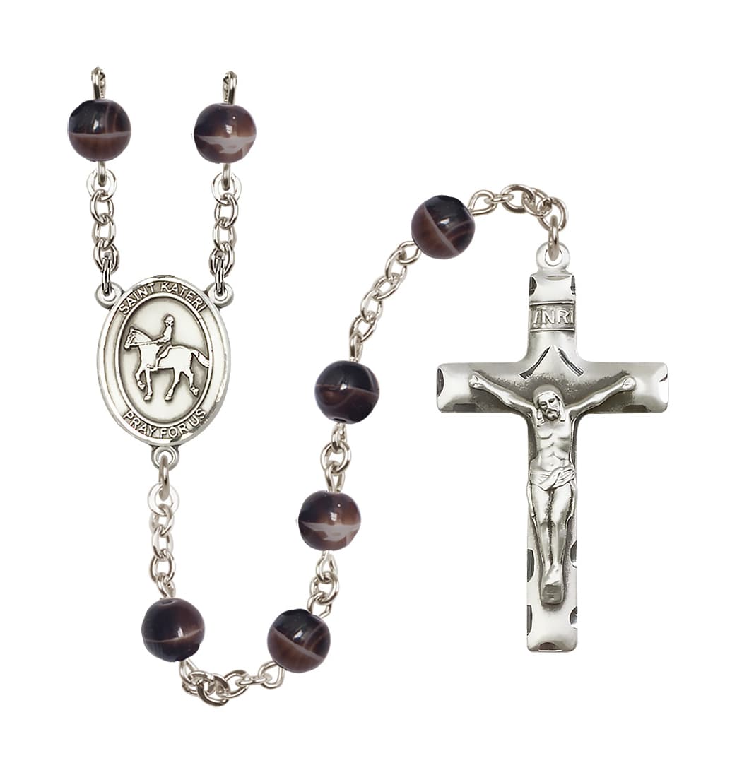 Bliss St Kateri Equestrian 7mm Brown Glass Bead Rosary,