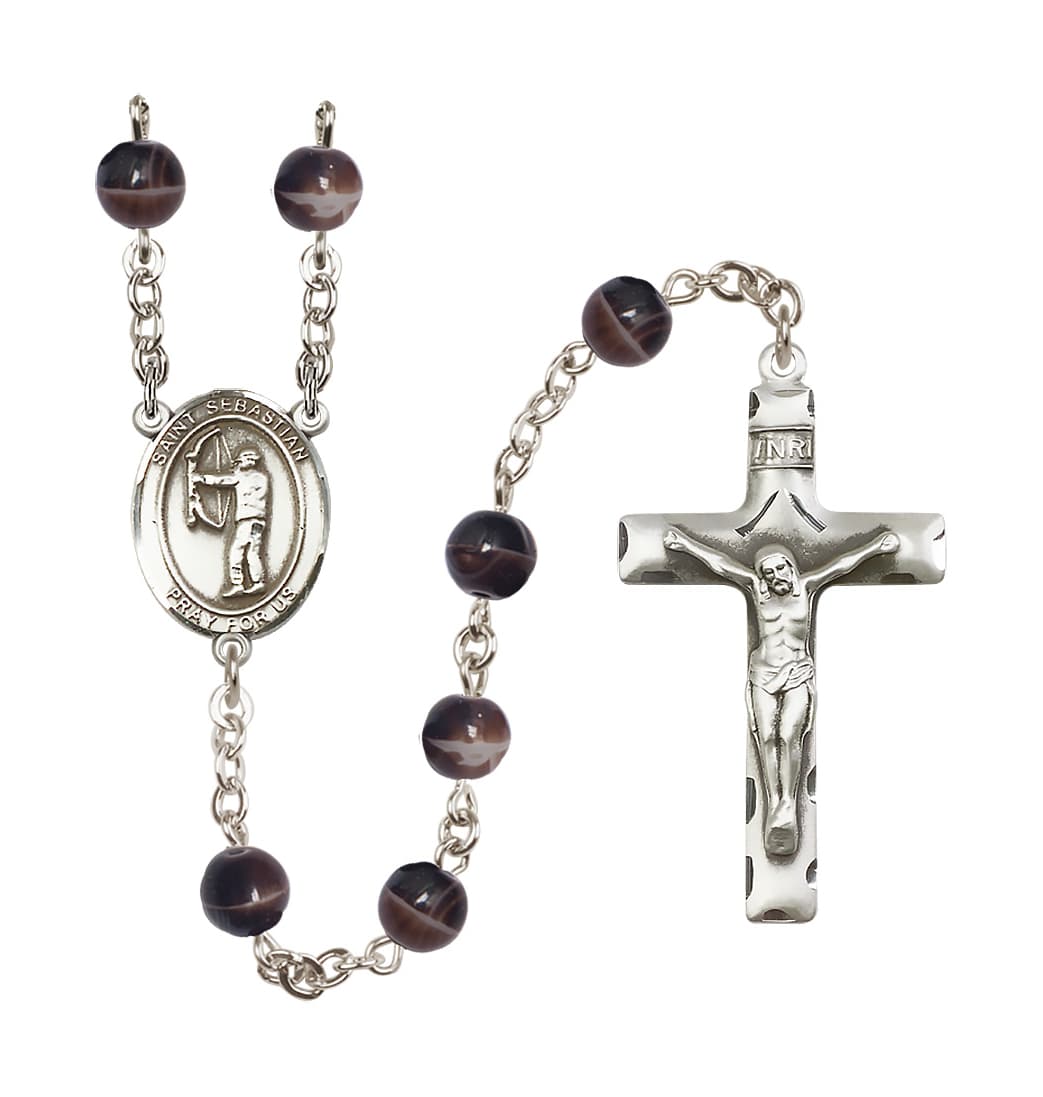 Bliss St Sebastian Archery 7mm Brown Bead Rosary,