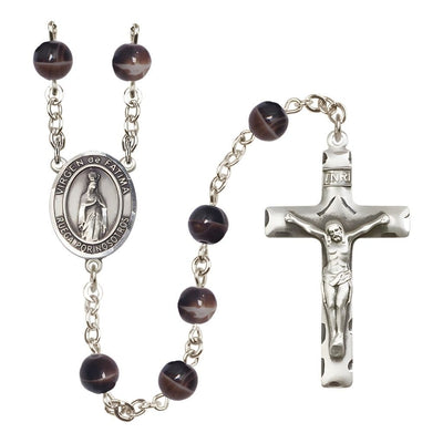 Spanish Virgen de Fatima 7mm Brown Glass Bead Rosary with Pewter Centerpiece and Crucifix, Gift Box, Bliss Manufacturing